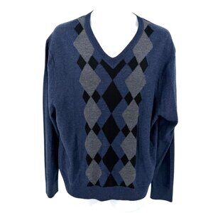 J. FERRAR WASHABLE MERINO WOOL BLUE GRAY BLACK ARGYLE V-NECK SWEATER - XL